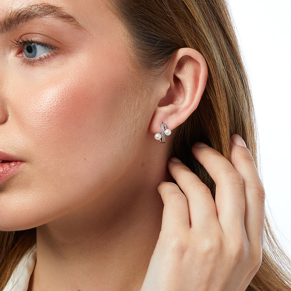 Sterling Silver, Cubic Zirconia & Fresh Water Pearl Huggie Earrings JOOSL by Jenny Brown