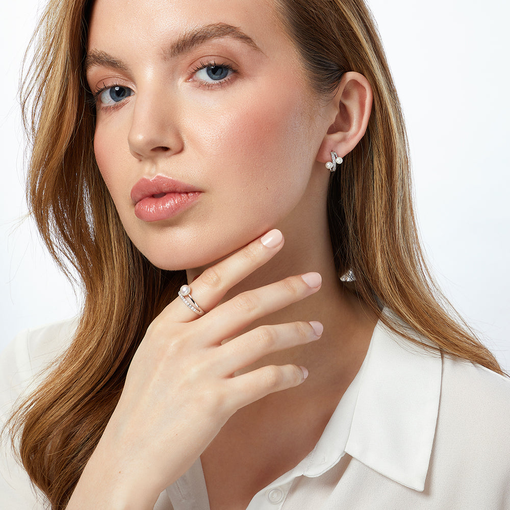 Sterling Silver, Cubic Zirconia & Fresh Water Pearl Huggie Earrings JOOSL by Jenny Brown