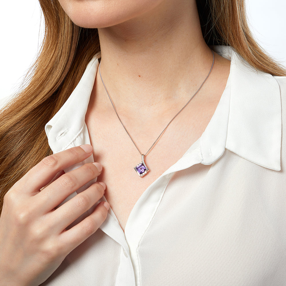 Sterling silver square pendant with a purple cubic zirconia centerpiece and white zirconia accents, accompanied by a silver chain-JOOLS by Jenny Brown