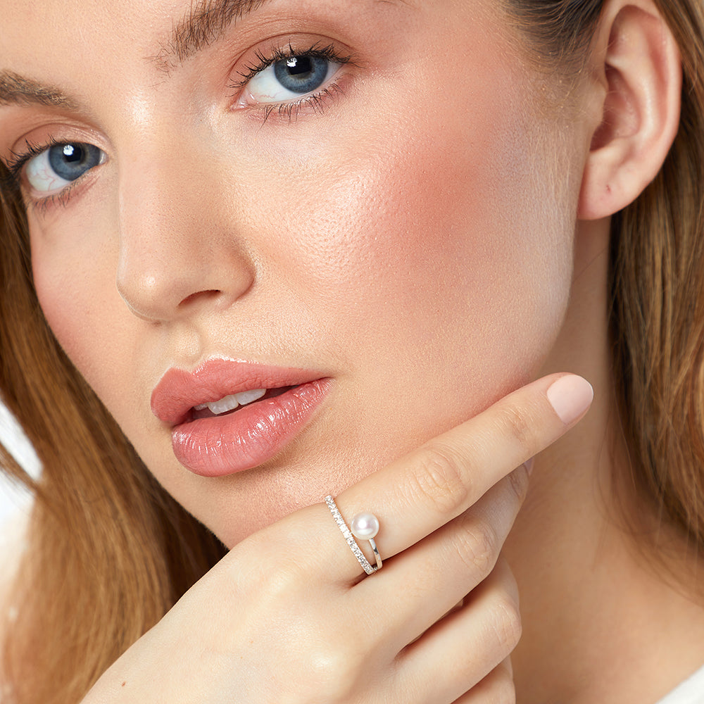 Sterling Silver Ring With Cubic Zirconia Band & Freshwater Pearl-JOOLS by Jenny Brown