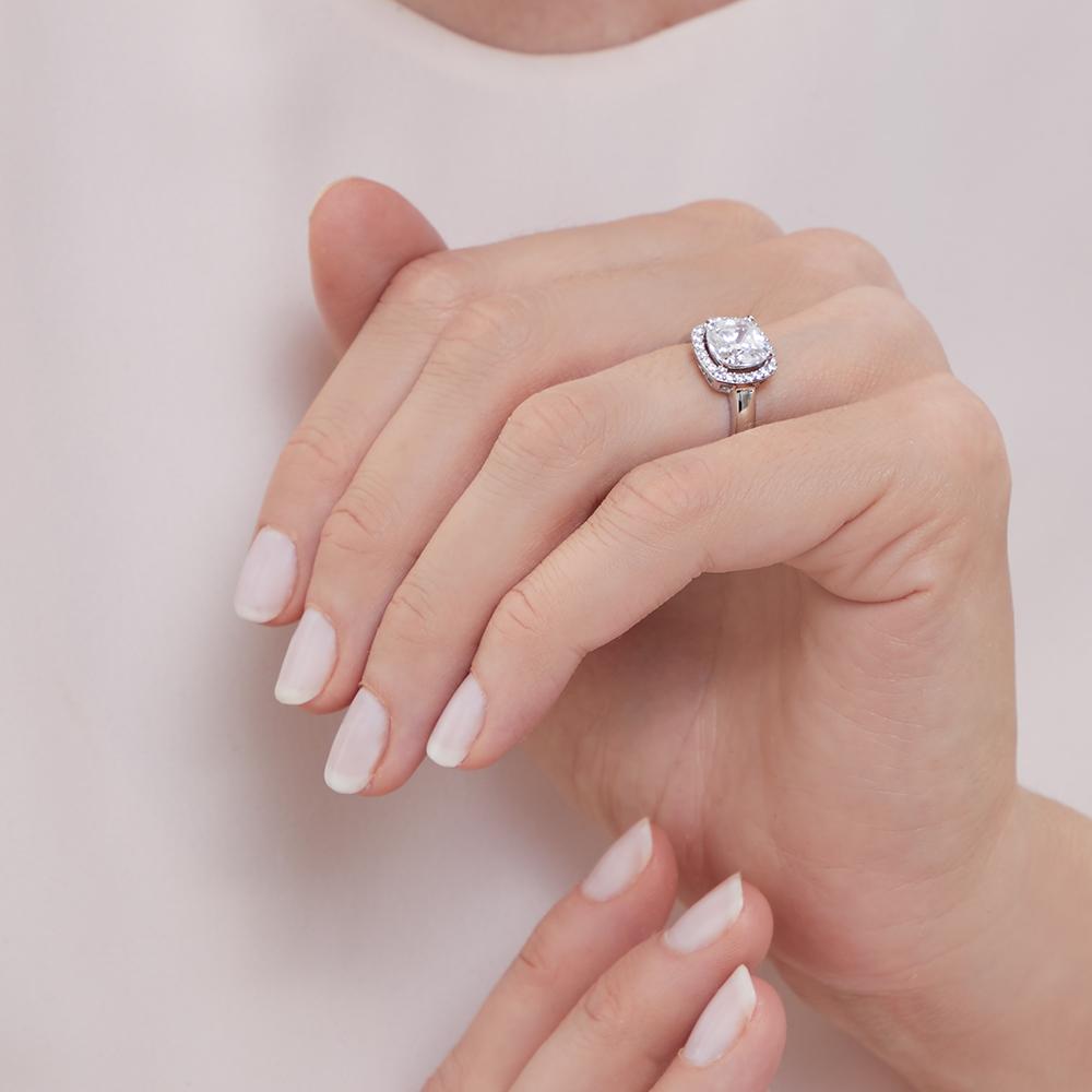 Sterling Silver White  Cubic Zirconia 3 Carat  Halo Cushion Cut  RingRings - JOOLS By Jenny Brown