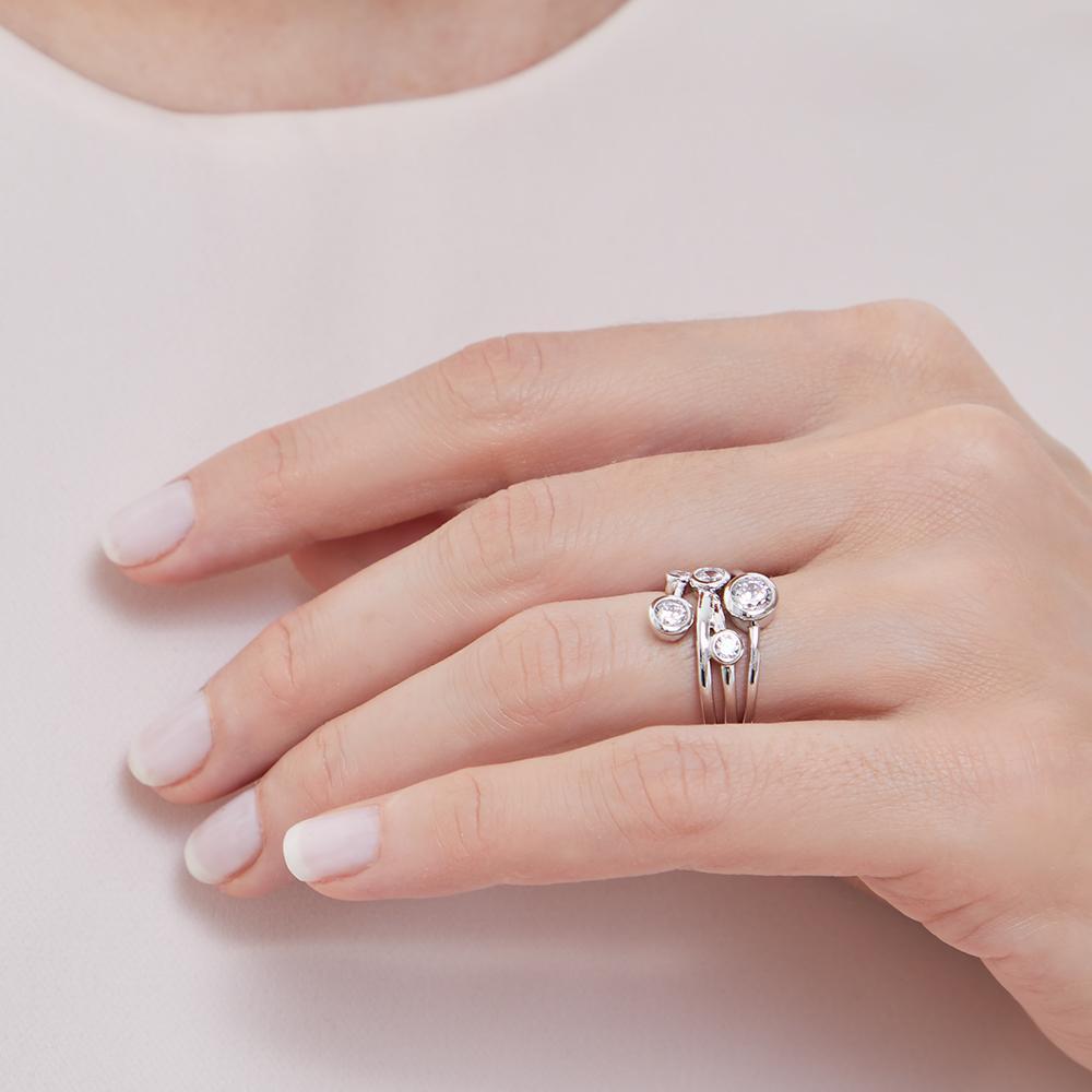 Solid 925 sterling silver statement cluster ring with round white cubic zirconia stones in bubble bezel settings.