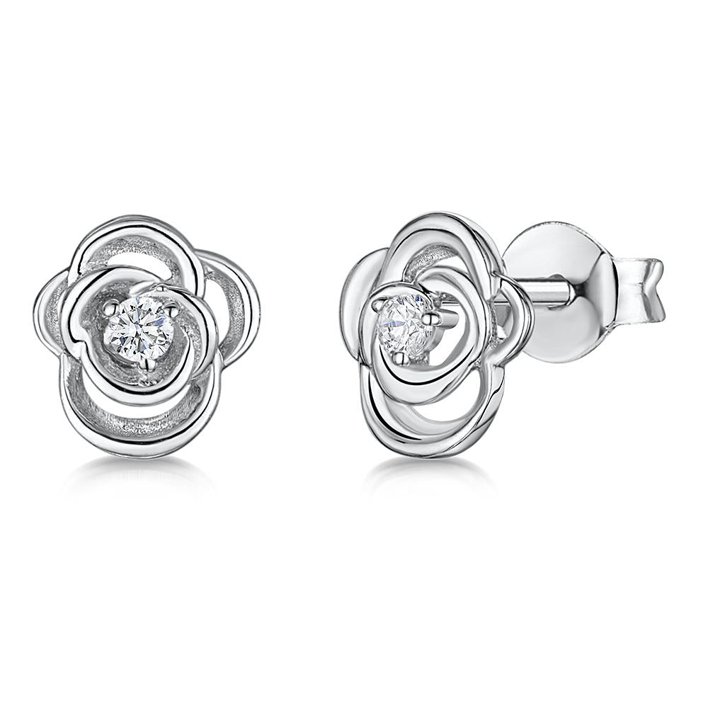 STERLING SILVER AND WHITE ZIRCONIA  ROSE FLOWER EARRINGS WITH A  ZIRCONIA CENTREEarrings - JOOLS By Jenny Brown