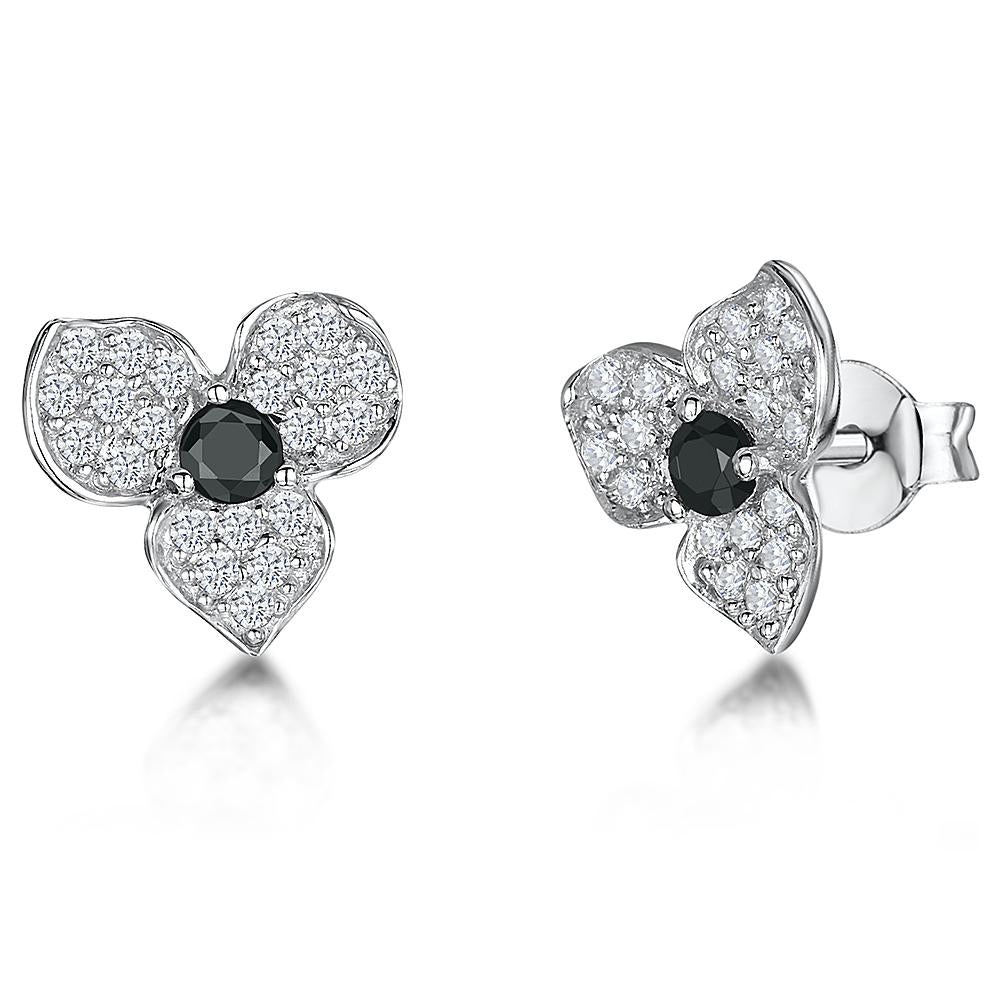 STERLING SILVER AND ZIRCONIA FLOWER EARRINGS WITH A BLACK  ZIRCONIA CENTREEarrings - JOOLS By Jenny Brown