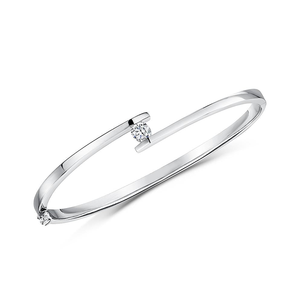 Sterling Silver Solitaire Cubic Zirconia  Bangle - JOOLS By Jenny Brown