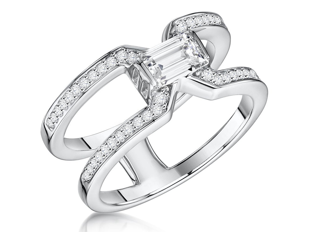 Sterling Silver Half Carat Emerald Cut Cubic Zirconia Ring  With Pave Set ShouldersRings - JOOLS By Jenny Brown