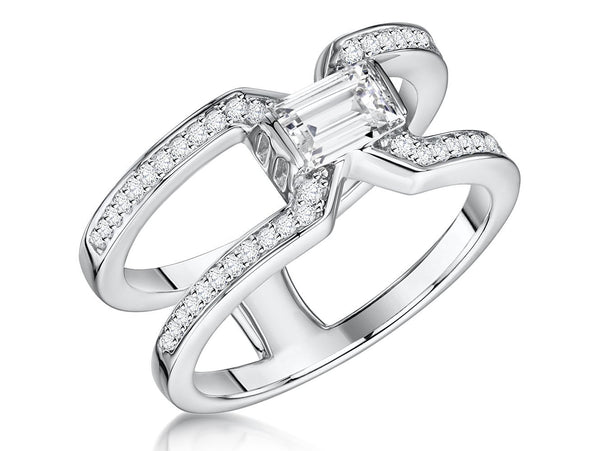 Sterling Silver Half Carat Emerald Cut Cubic Zirconia Ring  With Pave Set ShouldersRings - JOOLS By Jenny Brown