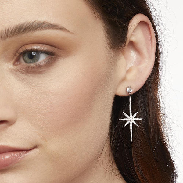 Sterling Silver Large North Star Drop  Stud Earrings With Brilliant Zirconia Stones - Platinum Finished Earrings - JOOLS By Jenny Brown
