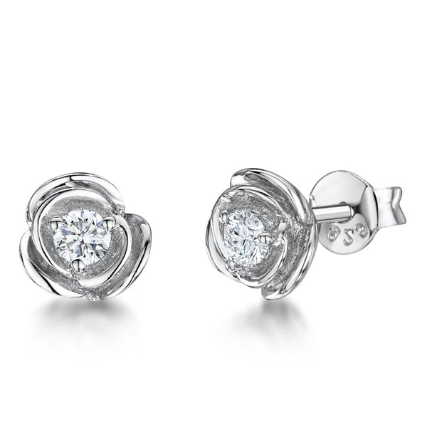A pair of sterling silver rose flower stud earrings with a single zirconia centre stone each-JOOLS by Jenny Brown