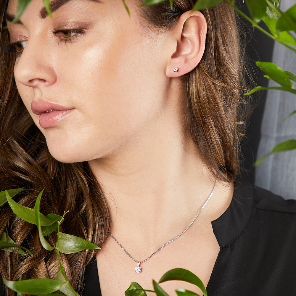 Sterling Silver Solitaire Round Brilliant Cut Pendant and Earring Set  With Cubic Zirconia Stonnes - JOOLS By Jenny Brown