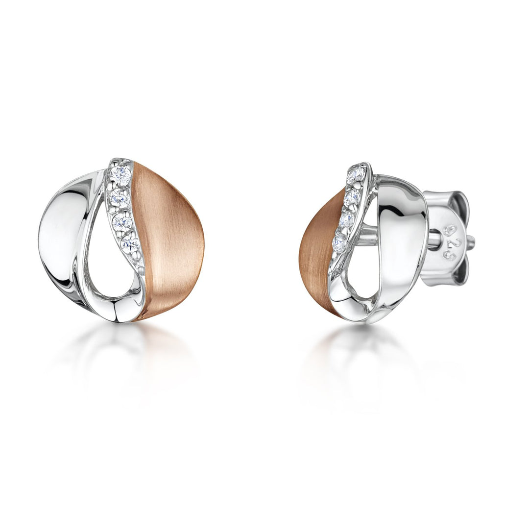 Sterling Silver And Satin Finished  Rose Gold Stud Earrings Set With A Line of Cubic Zirconia Stones - JOOLS By Jenny Brown