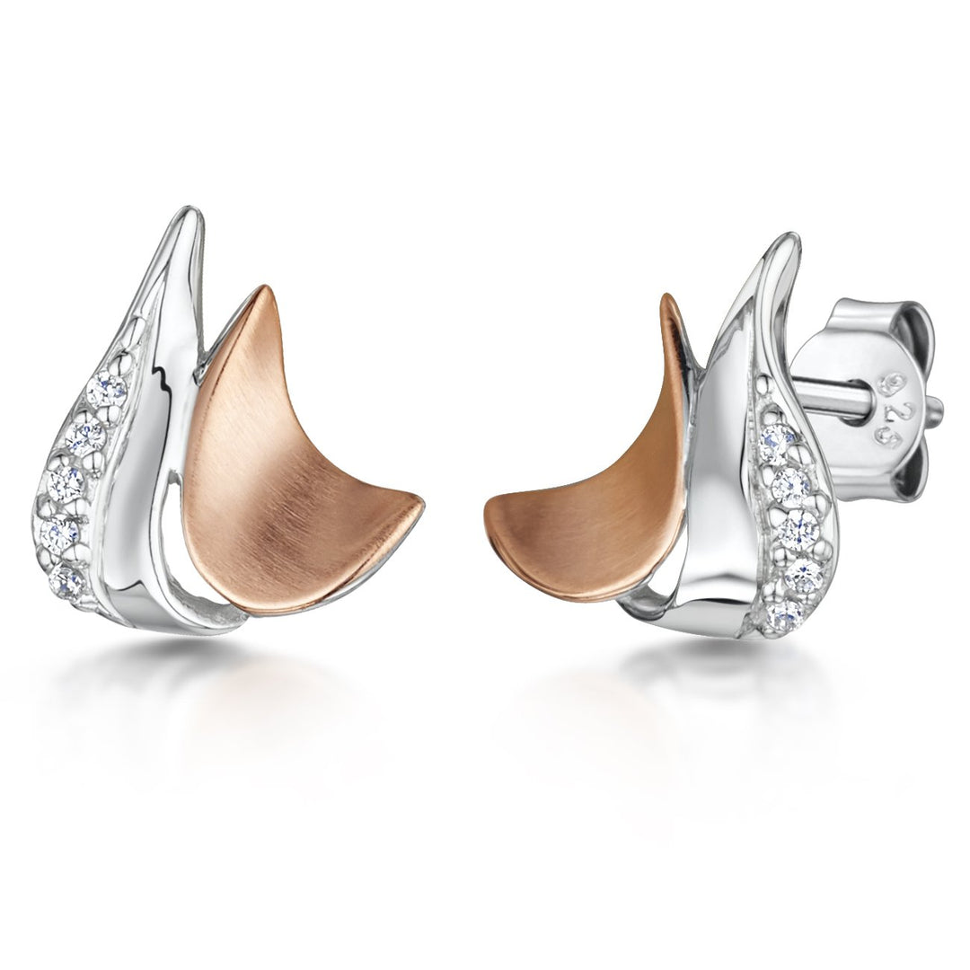 Sterling Silver And Rose Gold Stud Earrings- Satin Finished With A Cubic Zirconia Feature - JOOLS By Jenny Brown