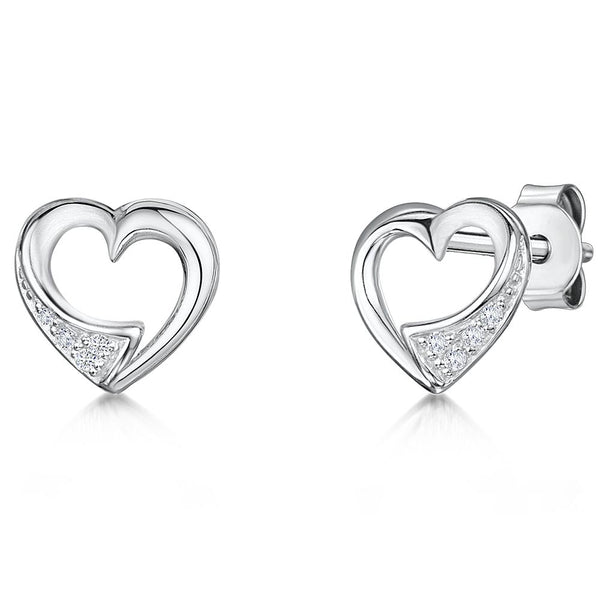 Sterling Silver Open Heart Earrings Studs Satin and Polish Finished Set With Cubic Zirconia Stones - JOOLS By Jenny Brown