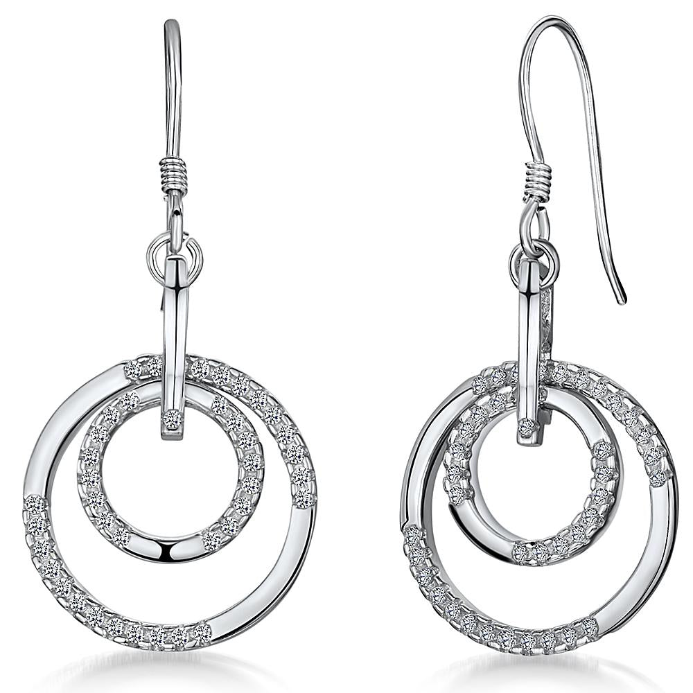 Sterling Silver Circle Drop Earrings- Featuring A Double Silver And CZ Set Of Rings On A Fishhook Back - JOOLS By Jenny Brown