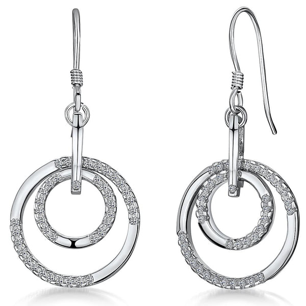 Sterling Silver Circle Drop Earrings- Featuring A Double Silver And CZ Set Of Rings On A Fishhook Back - JOOLS By Jenny Brown