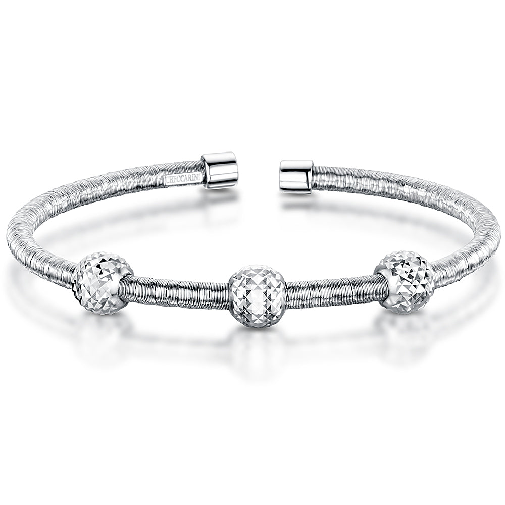 Sterling Silver Cuff Bangle With 3 White Faceted Balls-JOOLS by Jenny Brown