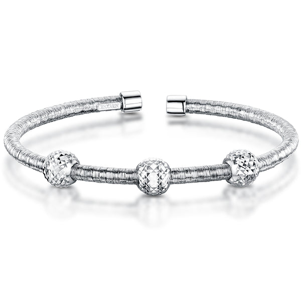Sterling Silver Cuff Bangle With 3 White Faceted Balls-JOOLS by Jenny Brown