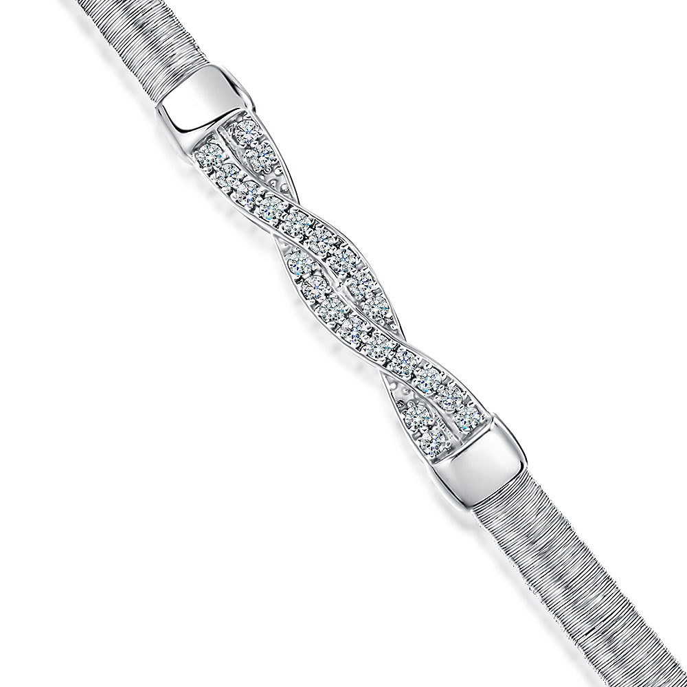 Sterling Silver Bracelet With Single, Straight Band & Twisted Cubic Zirconia Centre