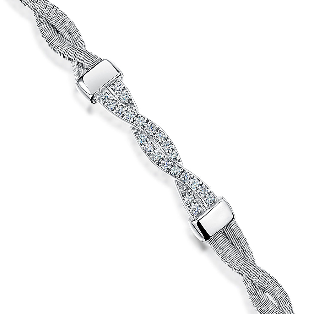 Sterling Silver Bracelet With Double Twisted Band And Pave Set Twisted Bar