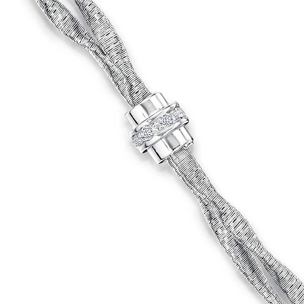 Sterling Silver Double Row Textured Bracelet With Central Pave Set Ring