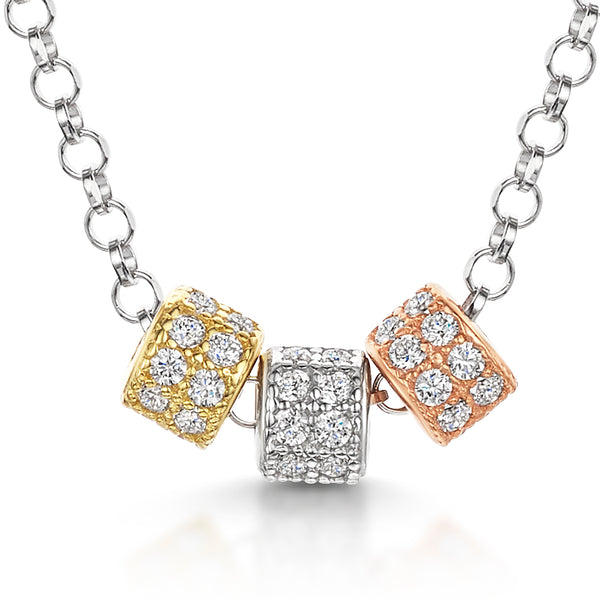 Sterling Silver Necklace With Three Rose Gold And Silver Rings Set With White Cubic Zirconia Stones