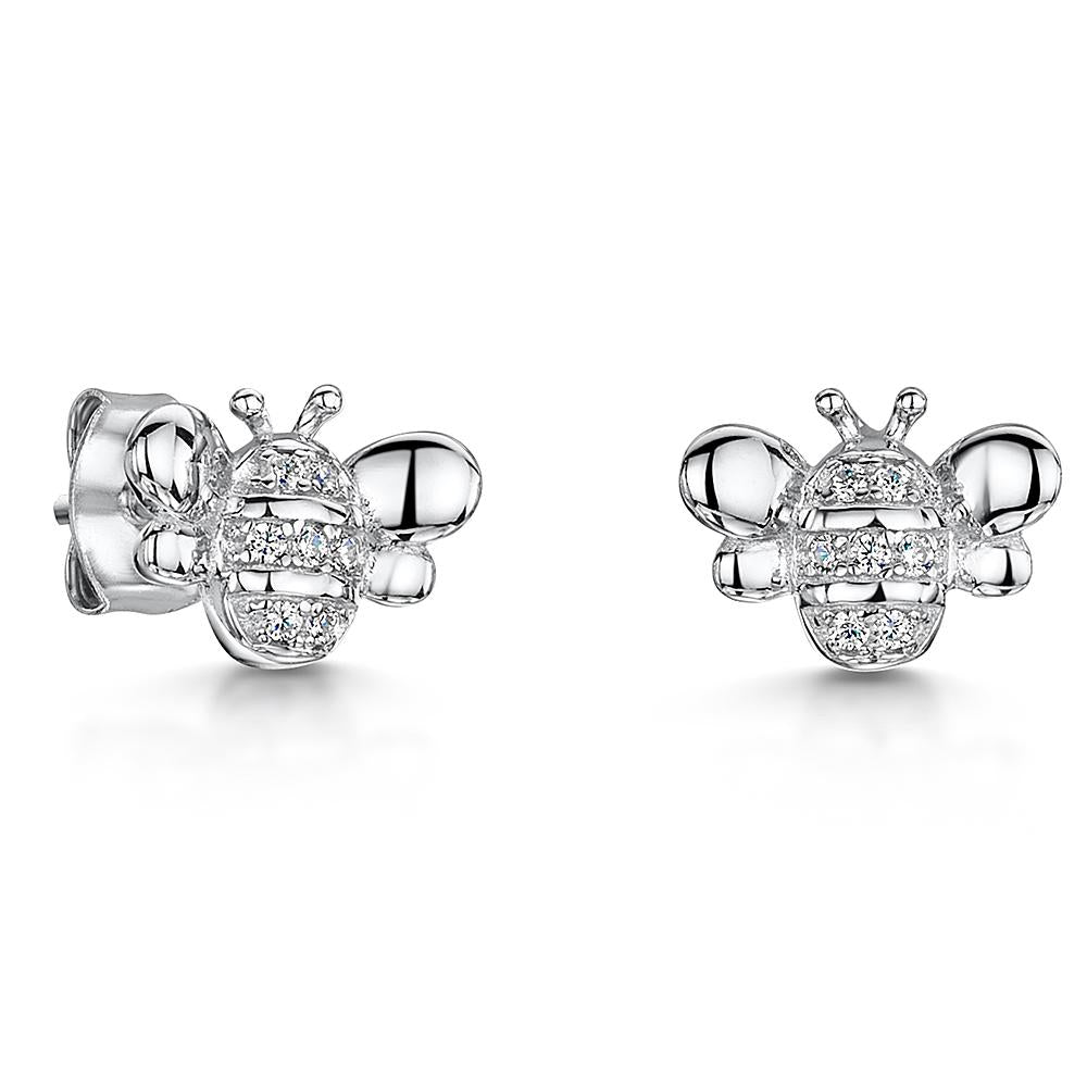 Sterling Silver Bee Stud Earrings Set with a Cubic Zirconia StripesEarrings - JOOLS By Jenny Brown
