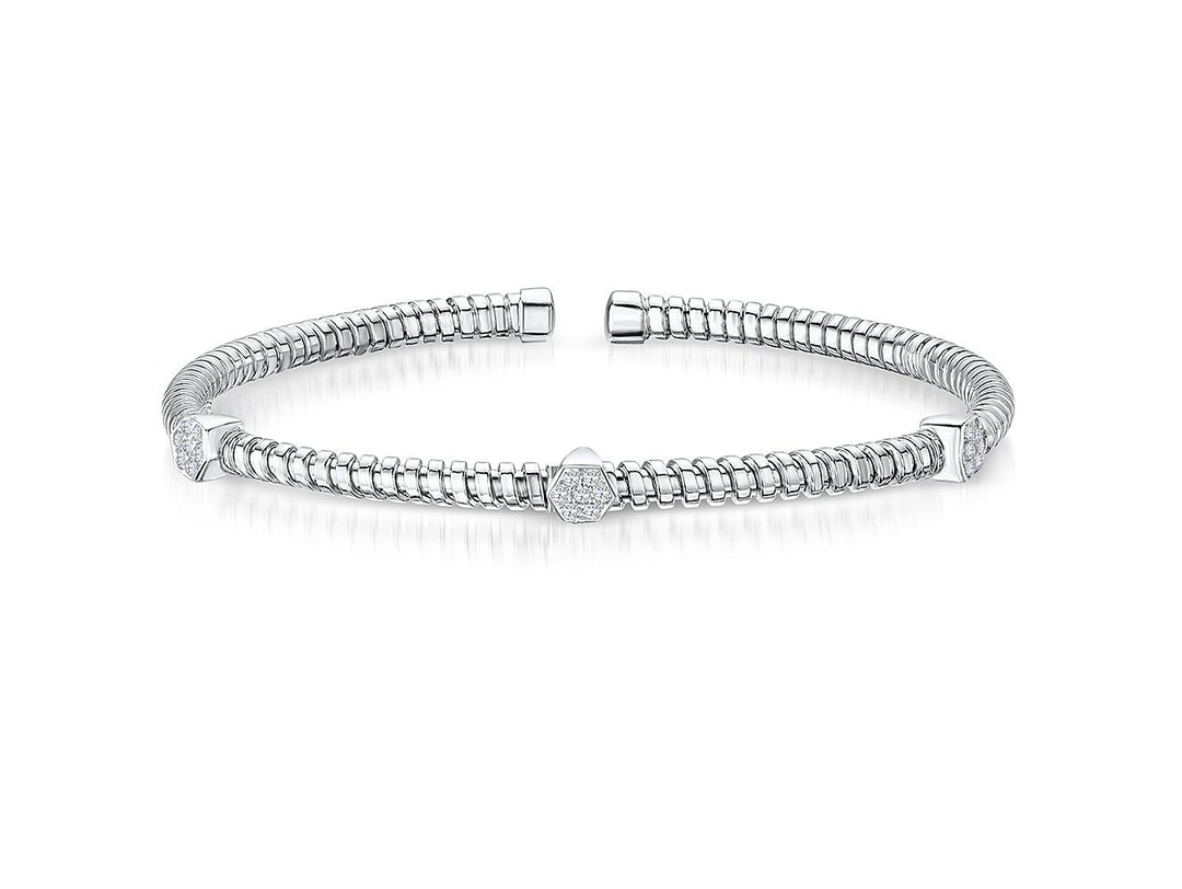 Sterling  Silver  Cuff  Stacking Bangle Set With Three Hexagon Shape Clusters of  Cubic Zirconia StonesBangles - JOOLS By Jenny Brown