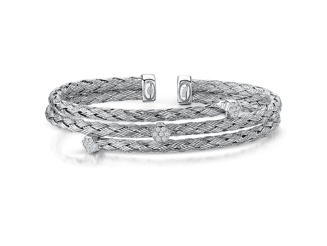 Sterling  Silver Woven Cuff  Stacking Bangle Set With Cubic Zirconia StonesBangles - JOOLS By Jenny Brown