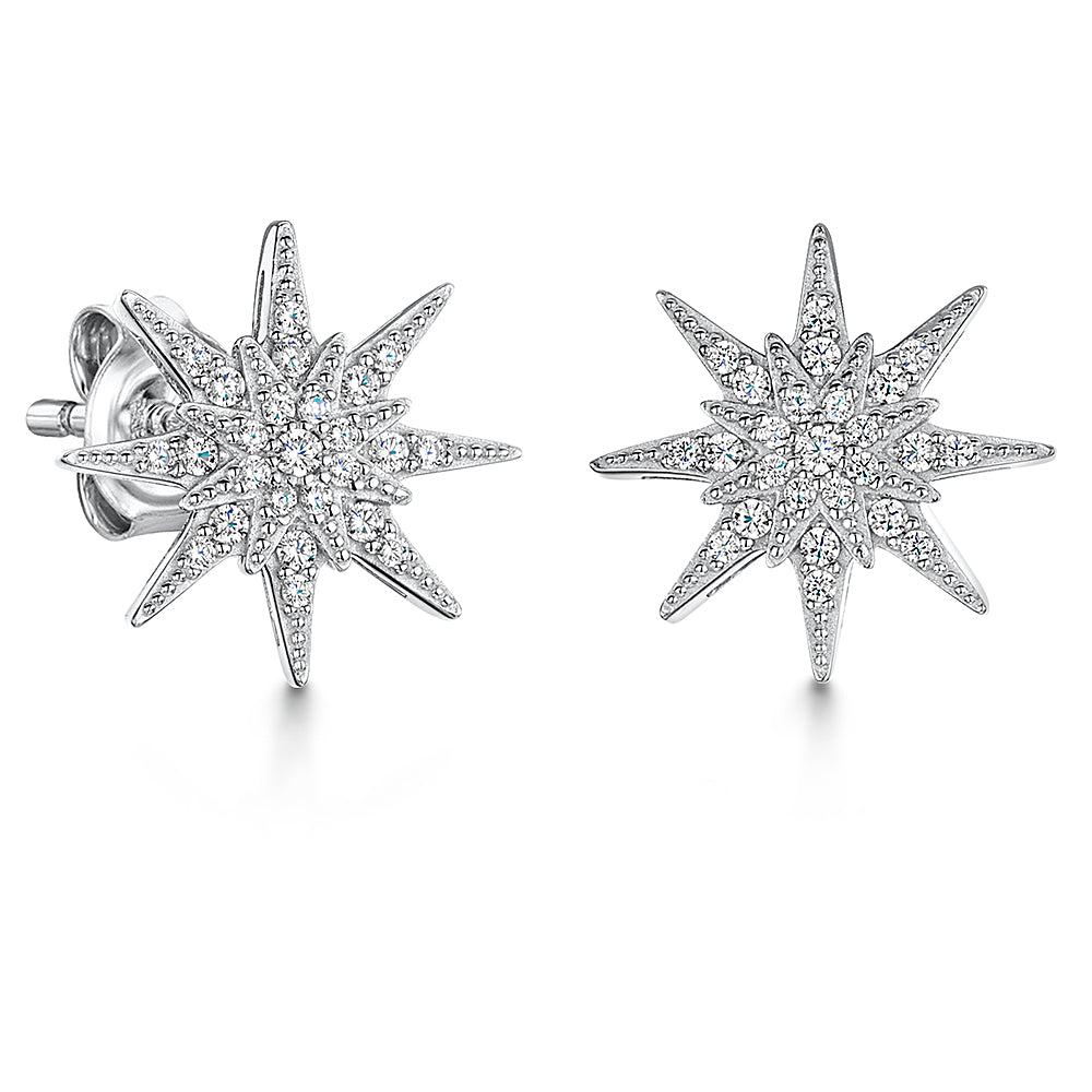 STERLING SILVER AND ZIRCONIA DOUBLE STAR STUD EARRINGS WITH A Single Stone CentreEarrings - JOOLS By Jenny Brown