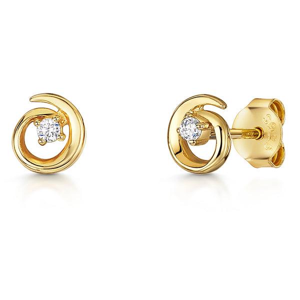 Yellow Gold Small Twirl Stud Earrings With Cubic Zirconia-JOOLS by Jenny Brown