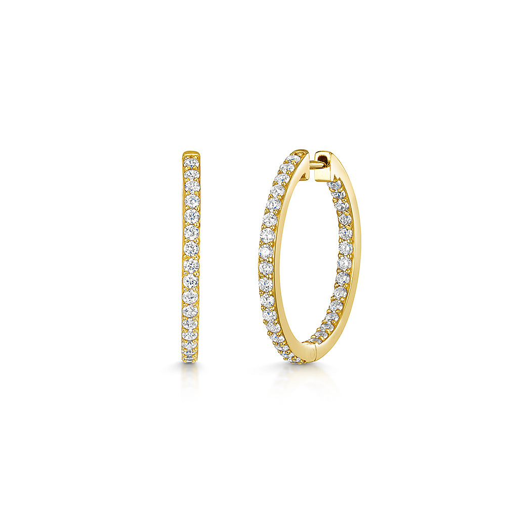 Yellow Gold Medium Hoop Earrings Set With Cubic Zirconia