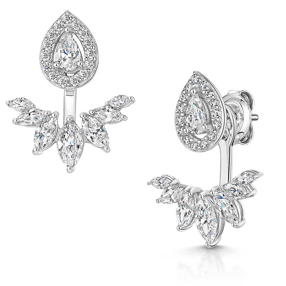 Sterling Silver & Cubic Zirconia Jacket Earring With Peardrop Stud & Marquise Fan