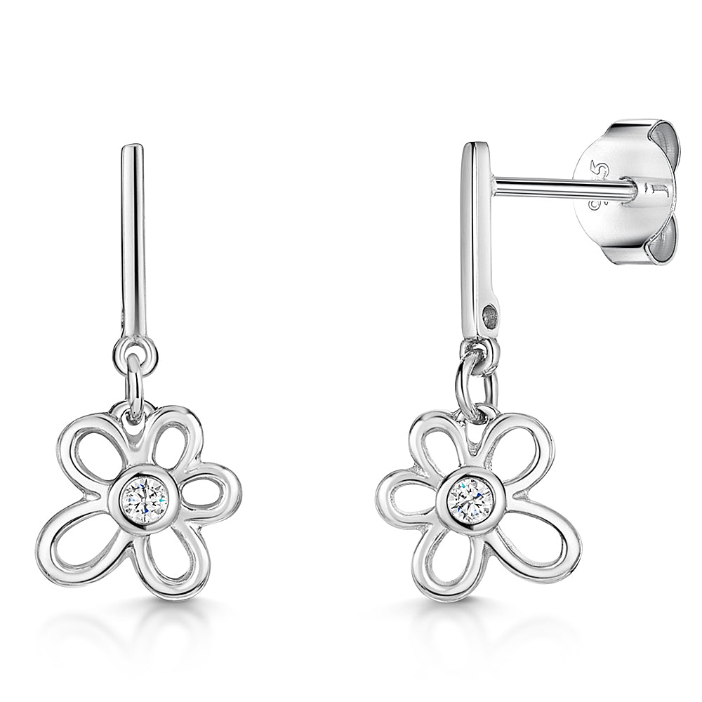 Small  Silver Flower Drop Earrings With Cubic Zirconia Centres-JOOLS by Jenny  Brown