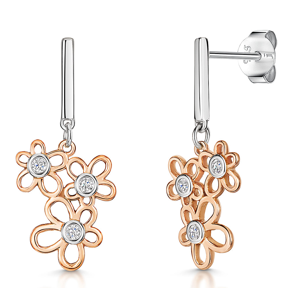 Rose Gold Triple Flower Outline Drop Earring With Cubic Zirconia Centre - JOOLS By Jenny Brown