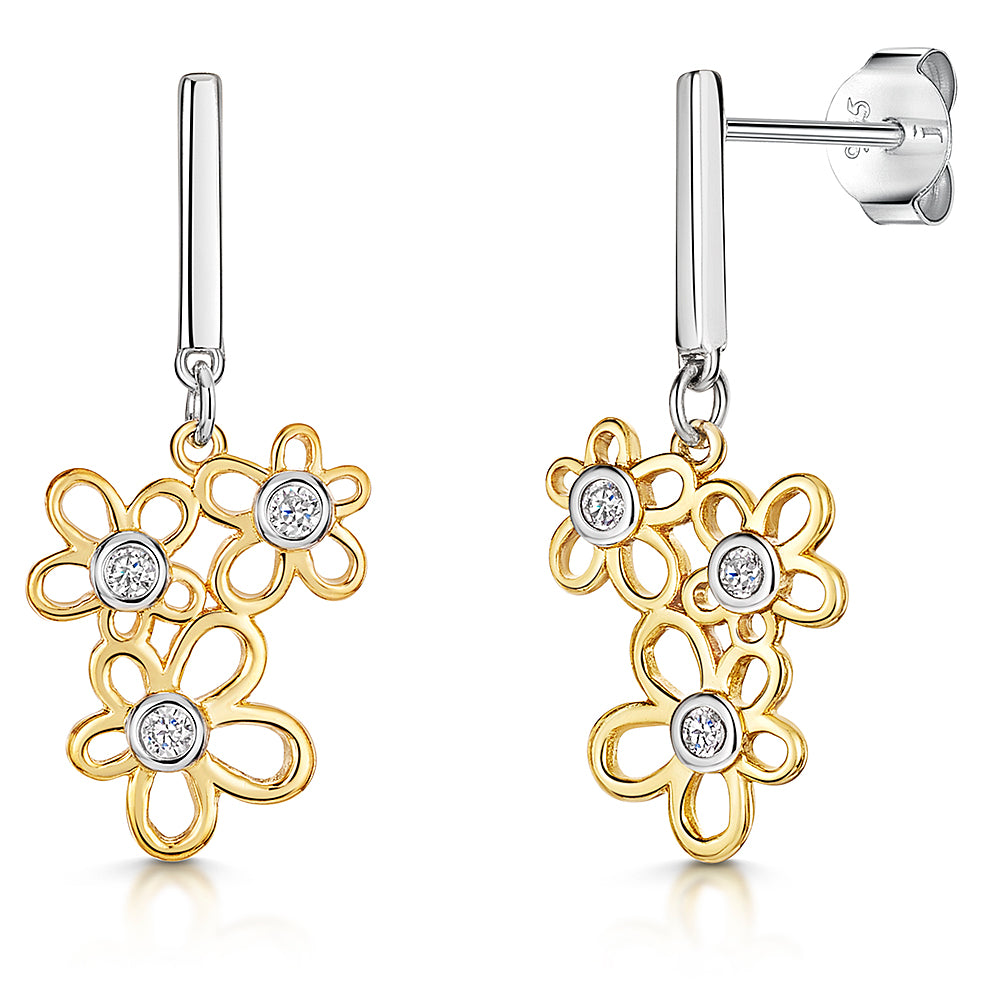 Yellow Gold Triple Flower  Cubic Zirconia Drop Earrings- JOOLS By Jenny Brown