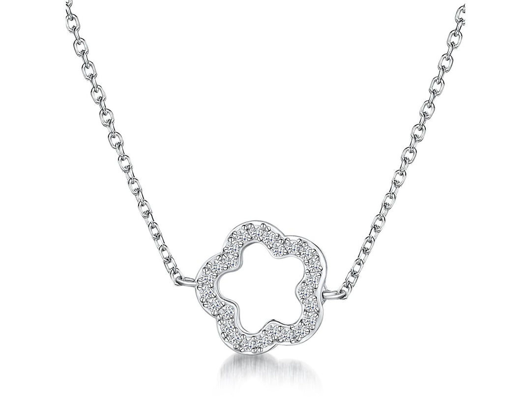 STERLING SILVER NECKLACE - FEATURING AN OPEN FLOWER CLOVER VAN CLEEF STYLE  SET WITH CUBIC ZIRCONIA STONES- PLATINUM FINISHEDNecklaces - JOOLS By Jenny Brown