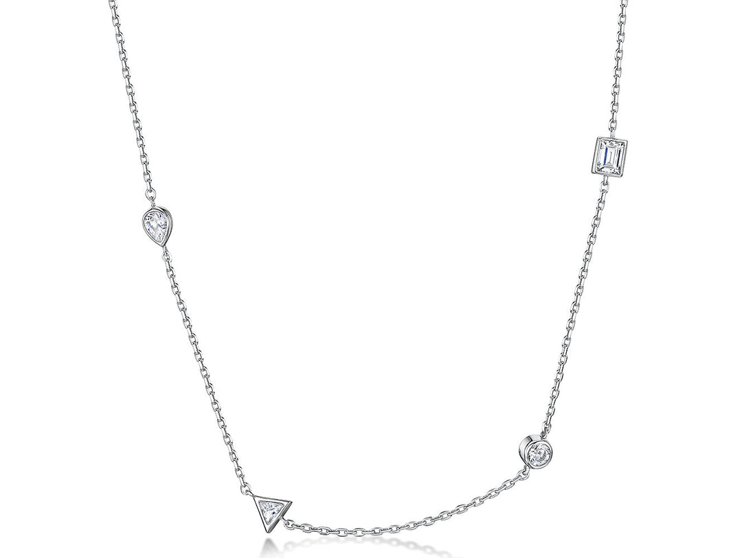 STERLING SILVER NECKLACE- SET WITH BRILLIANT ROUND , EMERALD, TRIANGLE AND TEARDROP CUT CUBIC ZIRCONIA STONES - PLATINUM FINISHEDNecklaces - JOOLS By Jenny Brown