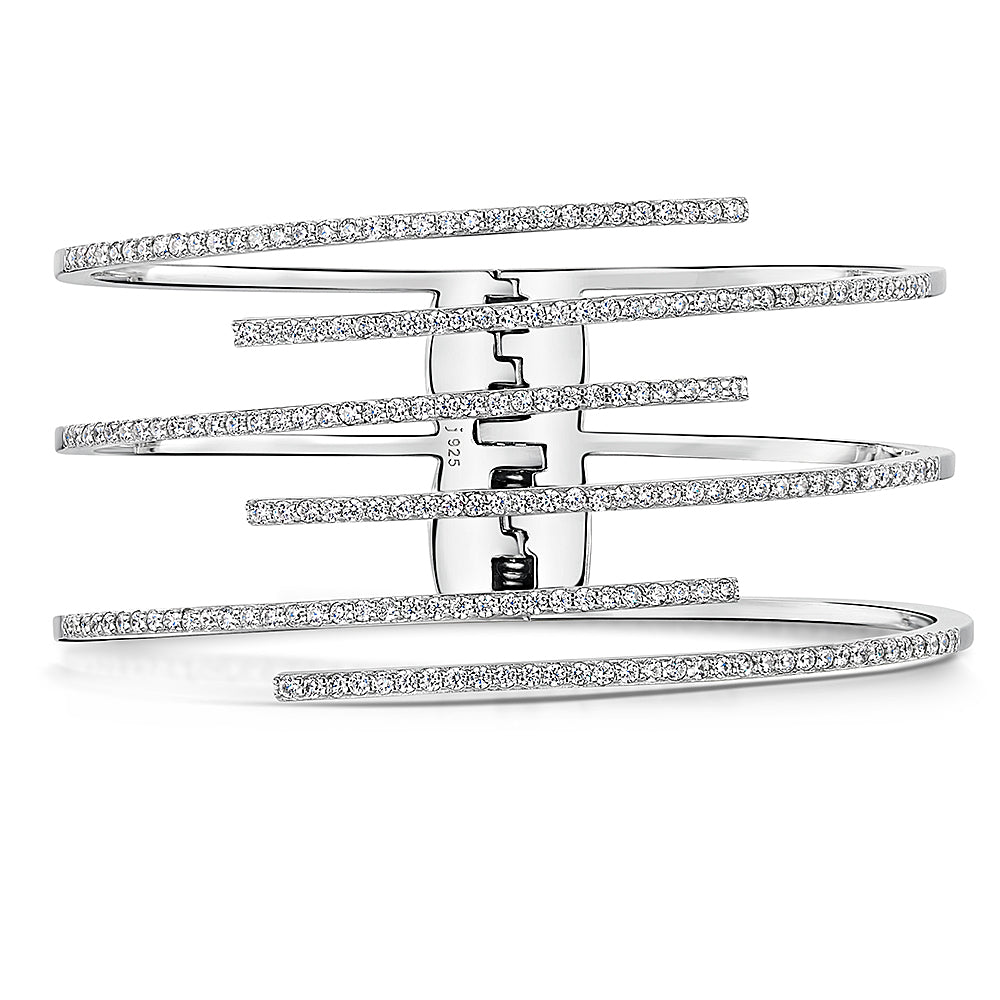 Sterling Silver Wide Cuff Bangle With Cubic Zirconia Strands On  A Spring Opening JOOLS by  Jenny Brown