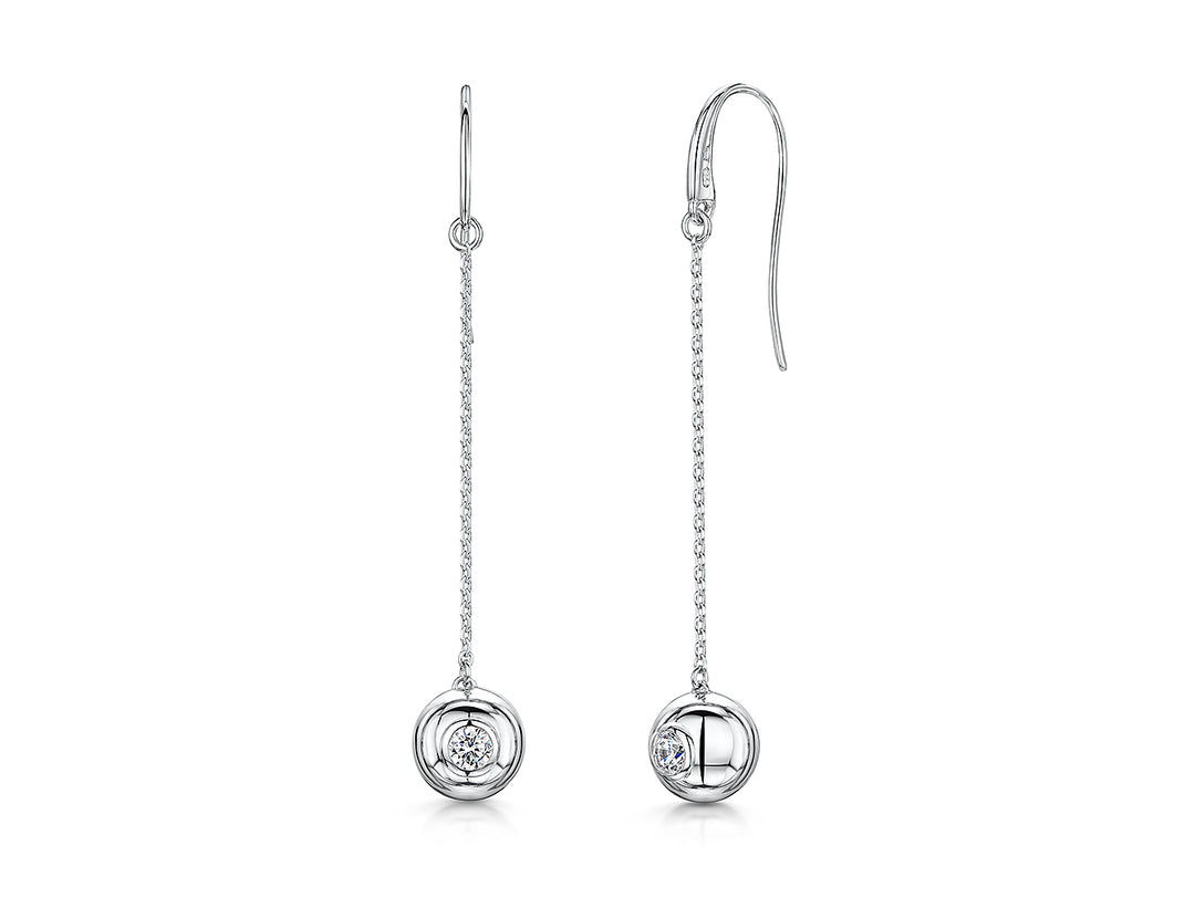 Sterling Silver Medium Ball & Long Chain Drop Earring Set With Cubic Zirconia