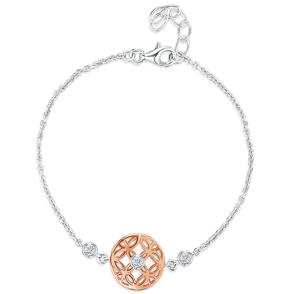 A sterling silver chain bracelet with a rose gold round charm and cubic zirconia stones, featuring a Hypoallergenic 925 silver build with a platinum finish.