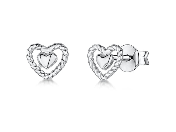 Sterling Silver Plain Open Heart Stud Earrings With A Woven Heart Surround Finish - JOOLS By Jenny Brown
