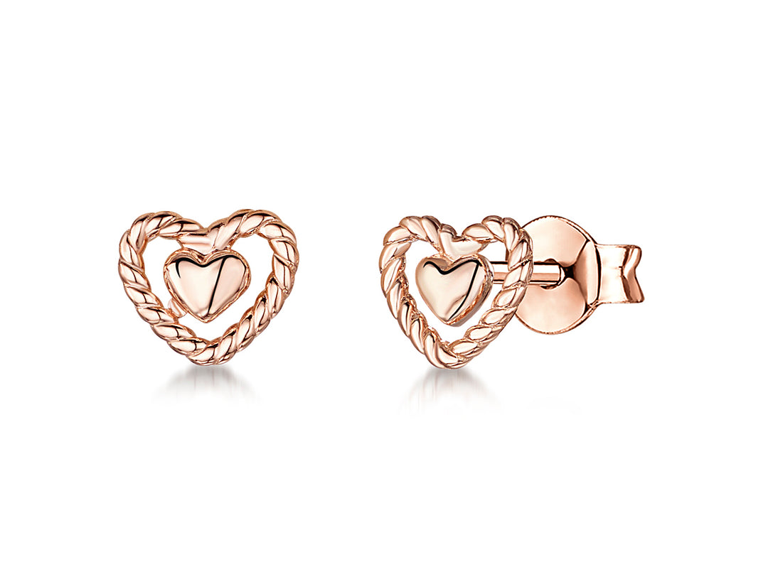 Sterling Silver Plain Open Heart Stud Earrings With A Woven Heart Surround Finish - JOOLS By Jenny Brown