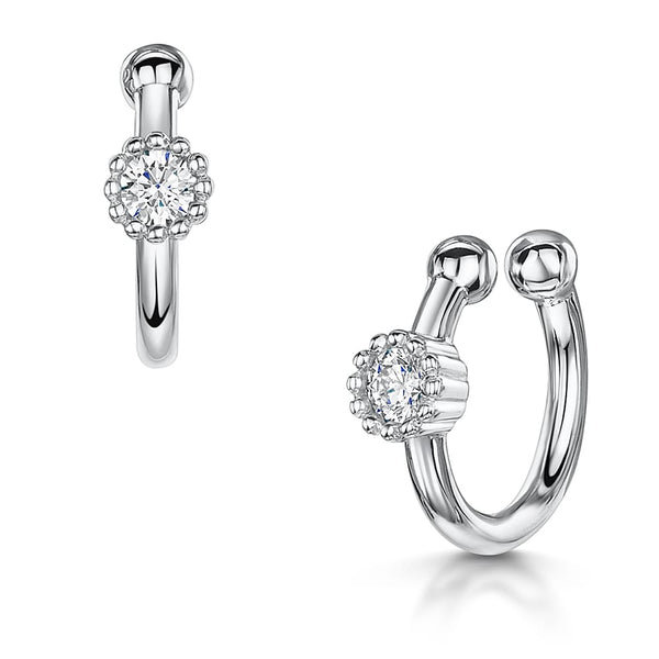 Single Sterling Silver Cuff Earring Set With 'Cupcake' Cubic Zirconia With Beaded Millgrain Surround JOOLS by Jenny Brown