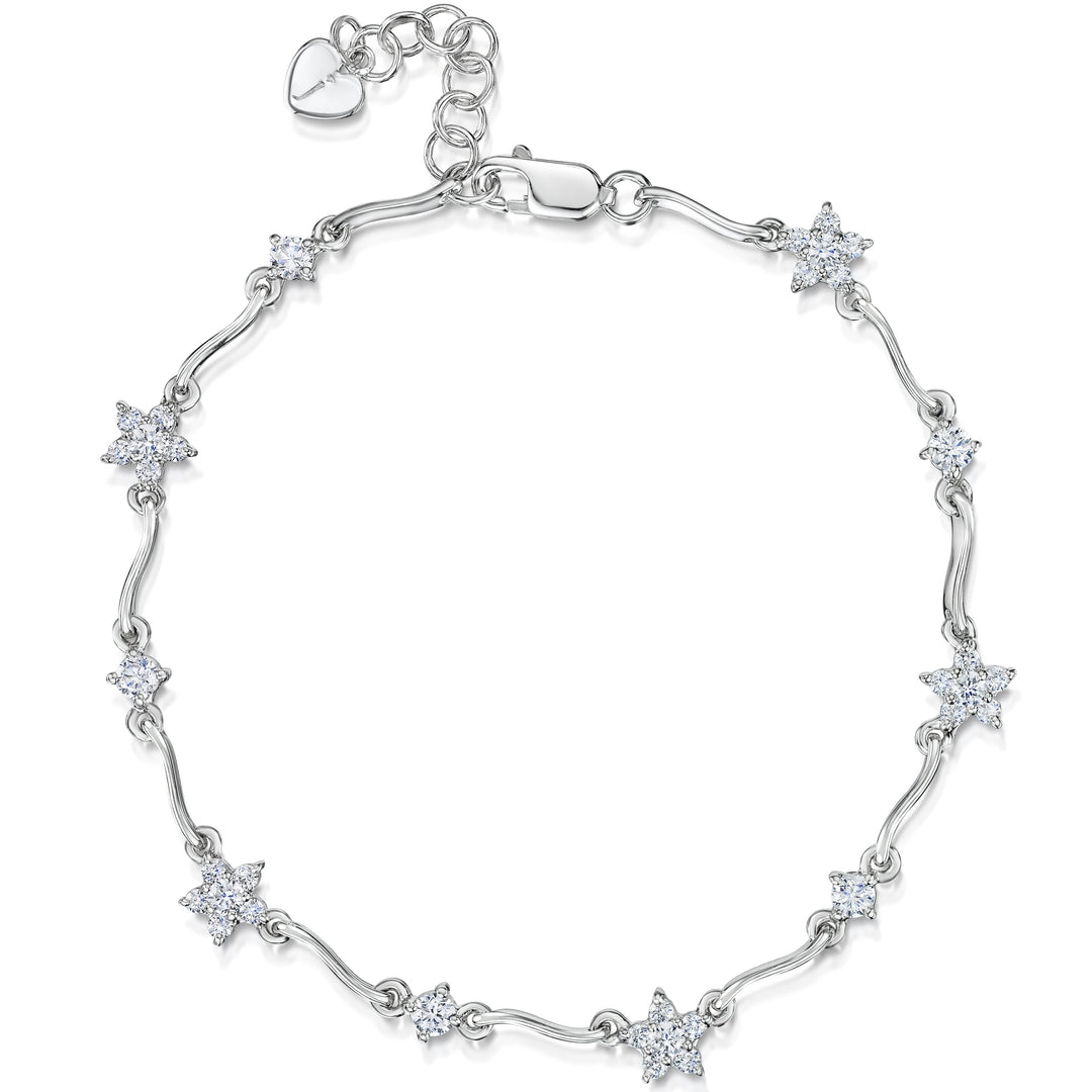 Sterling Silver Bracelet  Set With Alternating Flower and Single Stone Solitaire Cubic Zirconia Stones - JOOLS By Jenny Brown