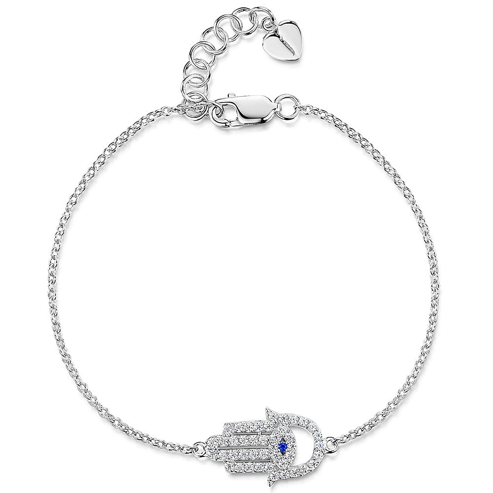 A sterling silver bracelet with a hamsa hand charm, set with cubic zirconia and a deep blue sapphire zirconia -JOOLS by Jenny Brown