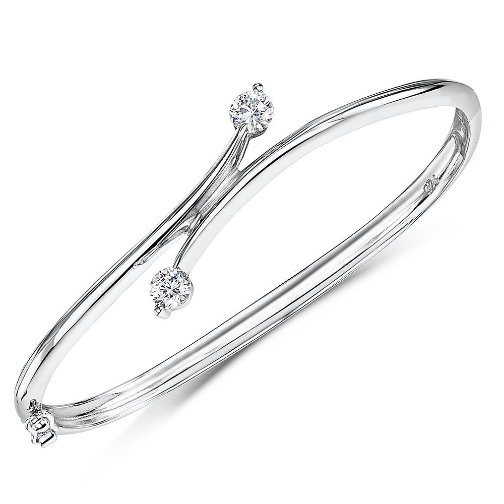 Sterling Silver Bangle Cross Over  Set With  Two Cubic Zirconia Stones EndsBracelets - JOOLS By Jenny Brown