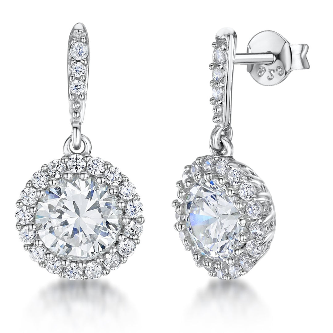 Sterling Silver Halo Drop Stud  Earrings Featuring A Brilliant Cut Round 3.87 Carat  Cubic Zirconia And Stone Surround - JOOLS By Jenny Brown