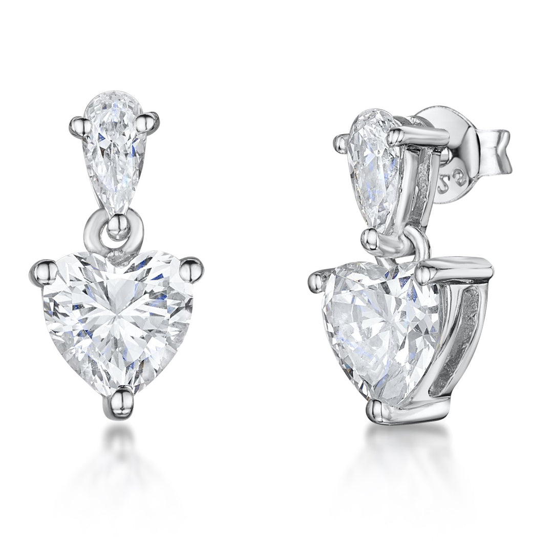 Sterling Silver Heart Drop Earrings -Set With A Central Cubic Zirconia Heart and Pear Shape Bale - JOOLS By Jenny Brown