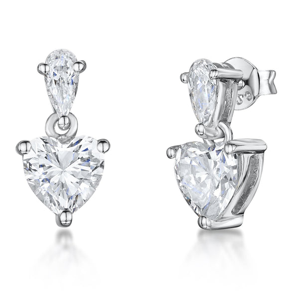 Sterling Silver Heart Drop Earrings -Set With A Central Cubic Zirconia Heart and Pear Shape Bale - JOOLS By Jenny Brown