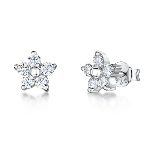 Sterling Silver Flower Shaped Stud Earrings With Cubic Zirconia Petals JOOLS by Jenny Brown